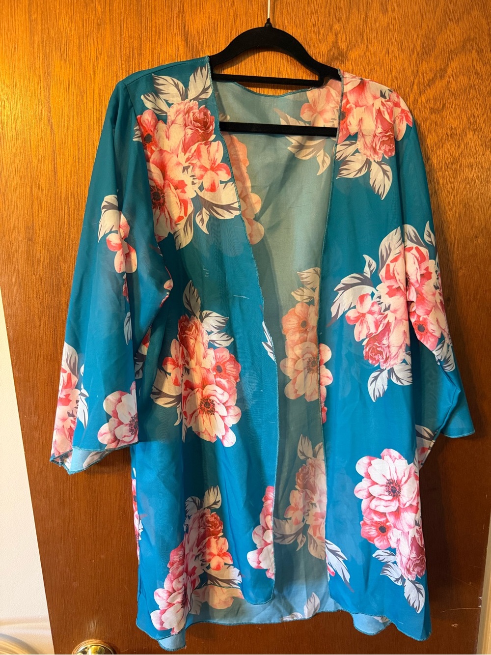 Floral Open-Front Kimono Jacket in Teal and Pink